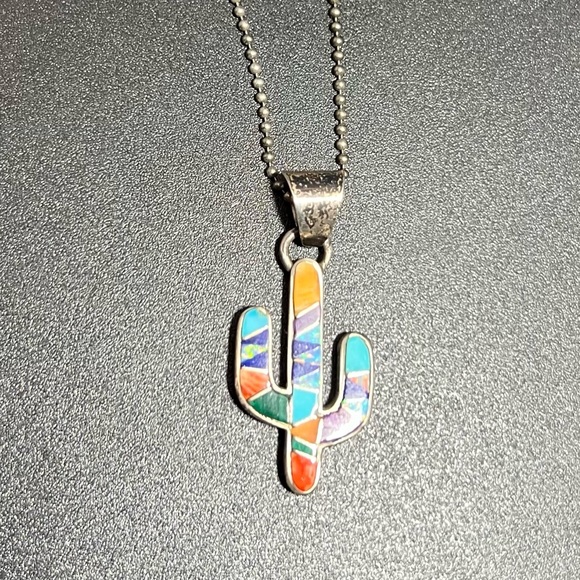 Vtg Earl Plummer Signed Sterling Silver Inlay Cactus Pendant Necklace Ball Chain - Picture 3 of 8